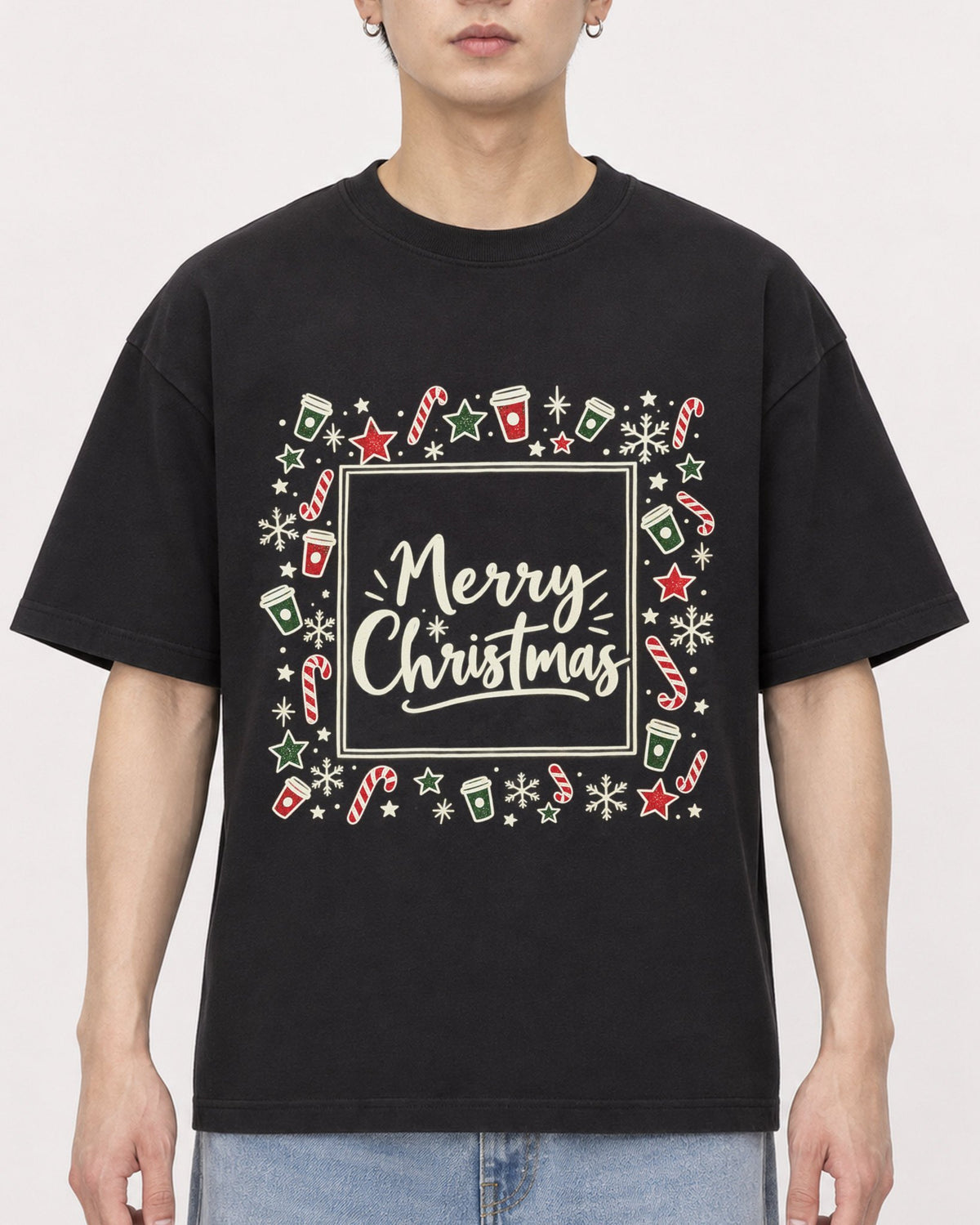 Mockup Boxy Heavyweight Tee Black male close-up 01