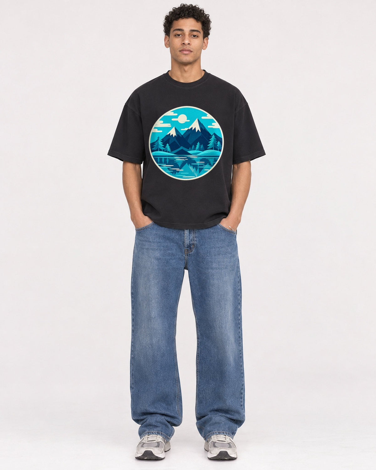 Mockup Boxy Heavyweight Tee Black male full-body 10