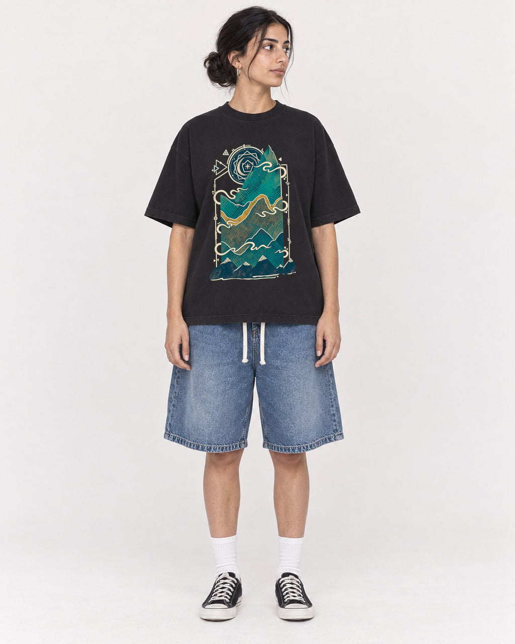 Mockup Boxy Heavyweight Tee Black female full-body 17
