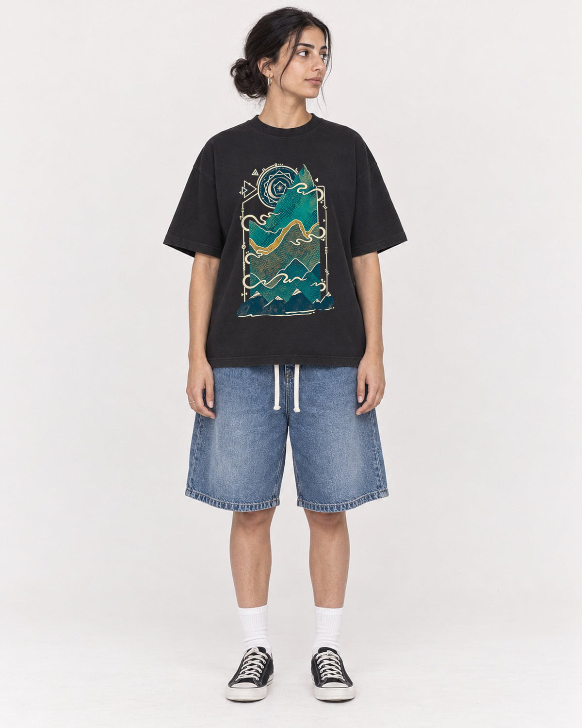 Mockup Boxy Heavyweight Tee Black female full-body 17