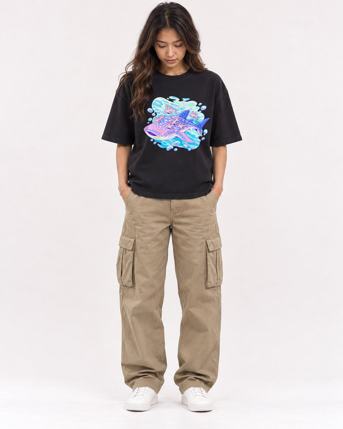 Mockup Boxy Heavyweight Tee Black female full-body 02