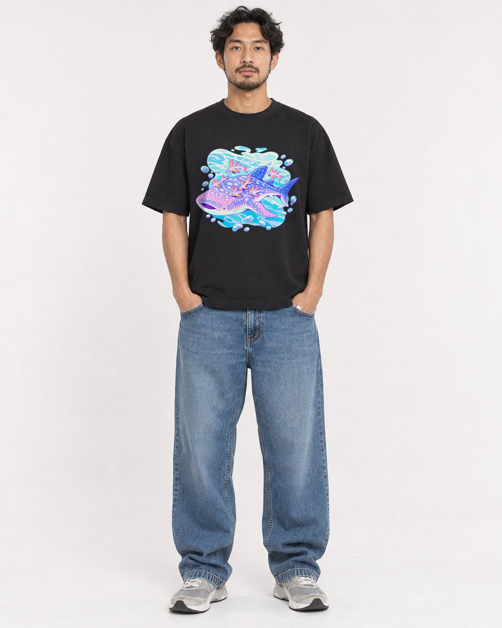 Mockup Boxy Heavyweight Tee Black male full-body 02