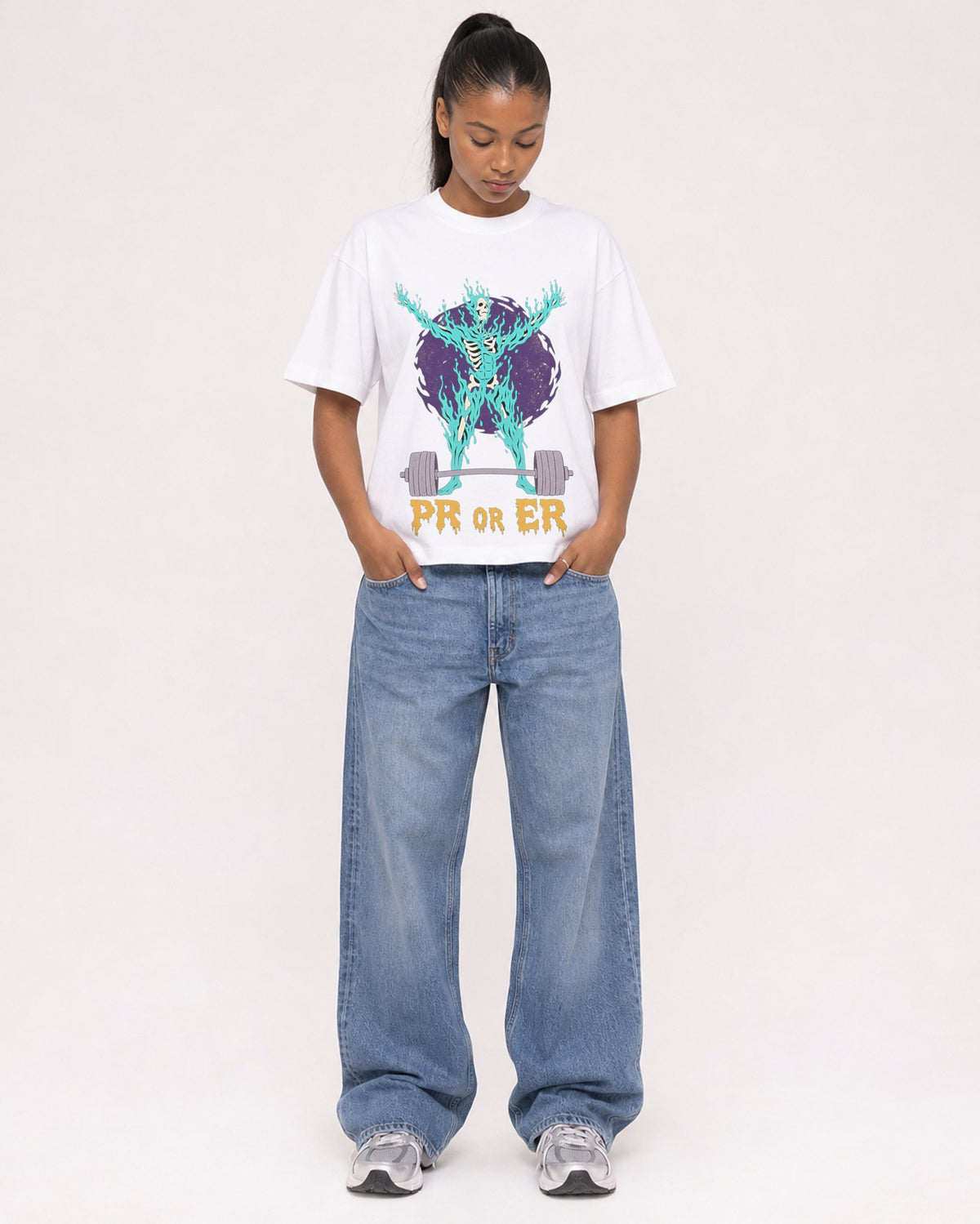 Mockup Boxy Heavyweight Tee White female full-body 25