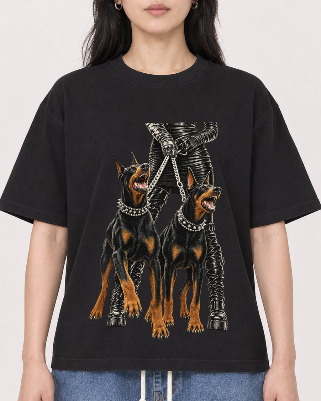 Mockup Boxy Heavyweight Tee Black female close-up 13