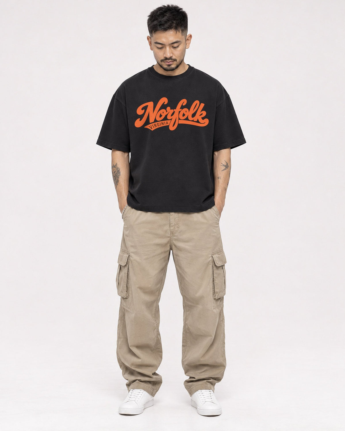 Mockup Boxy Heavyweight Tee Black male full-body 12