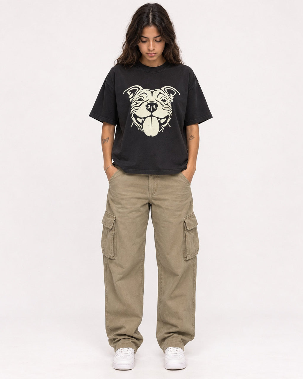 Mockup Boxy Heavyweight Tee Black female full-body 06