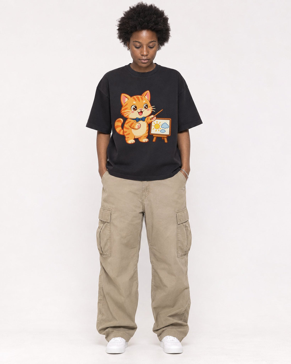 Mockup Boxy Heavyweight Tee Black female full-body 14