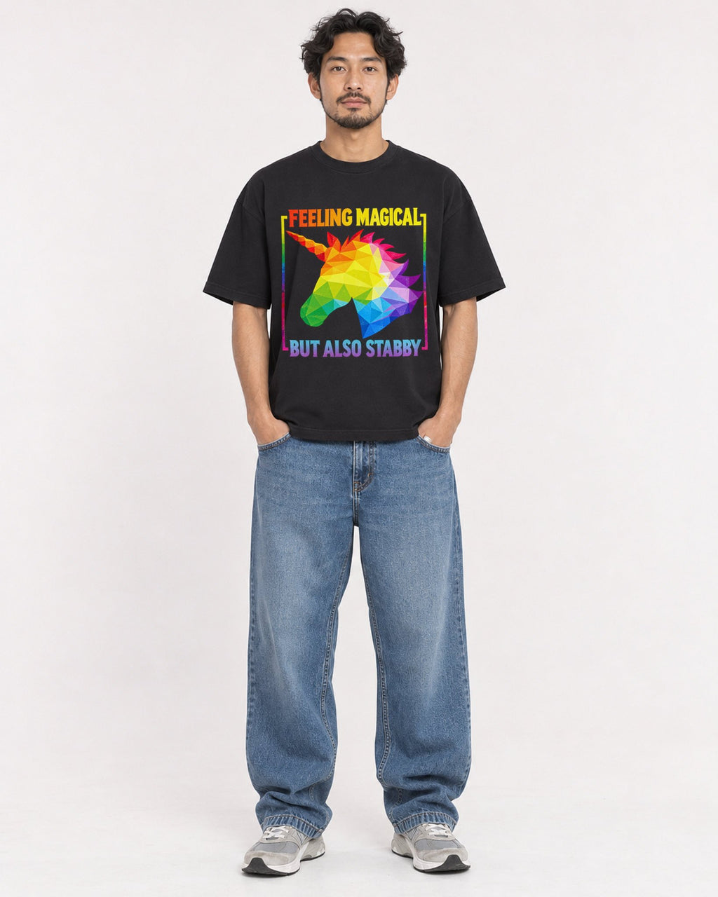 Mockup Boxy Heavyweight Tee Black male full-body 02