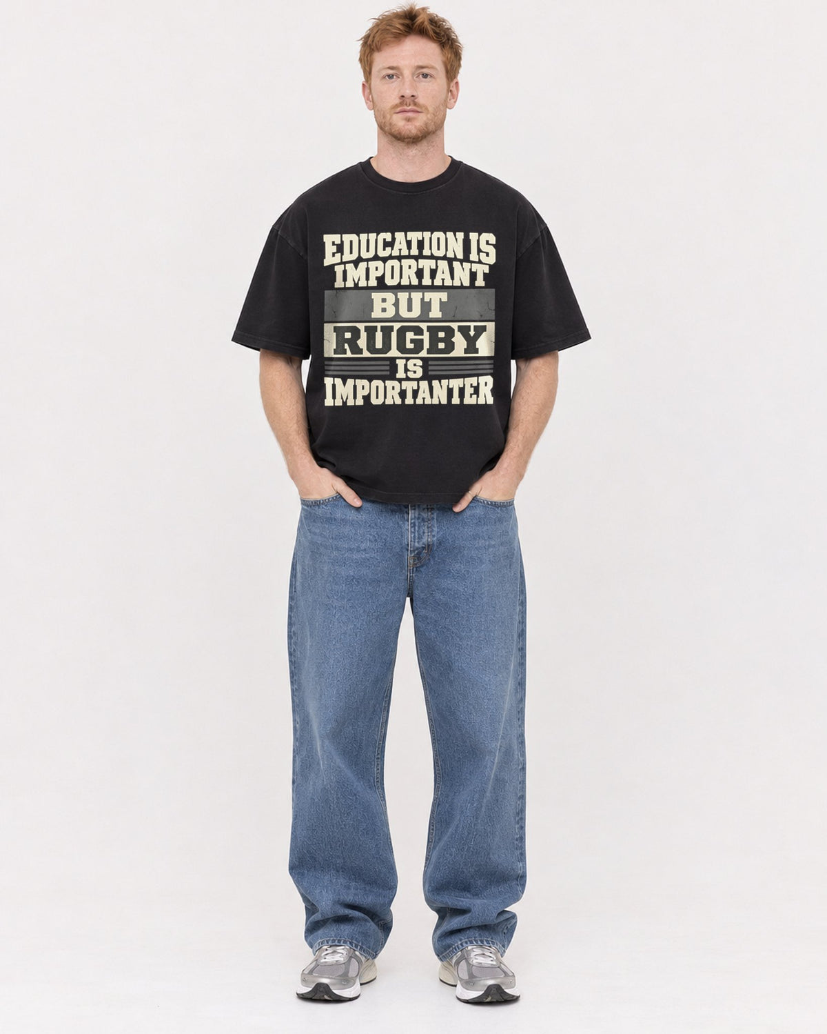 Mockup Boxy Heavyweight Tee Black male full-body 38