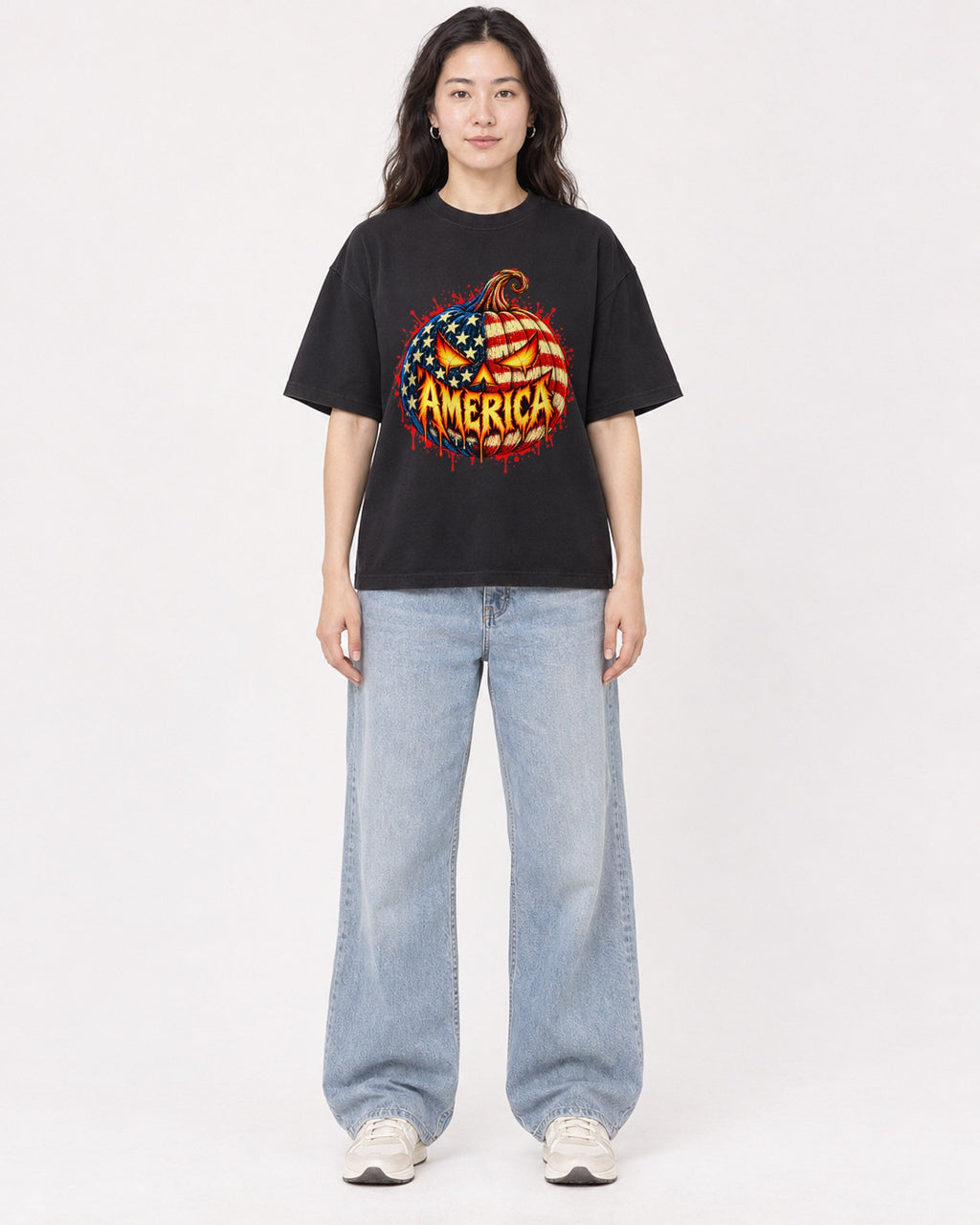 Mockup Boxy Heavyweight Tee Black female full-body 03