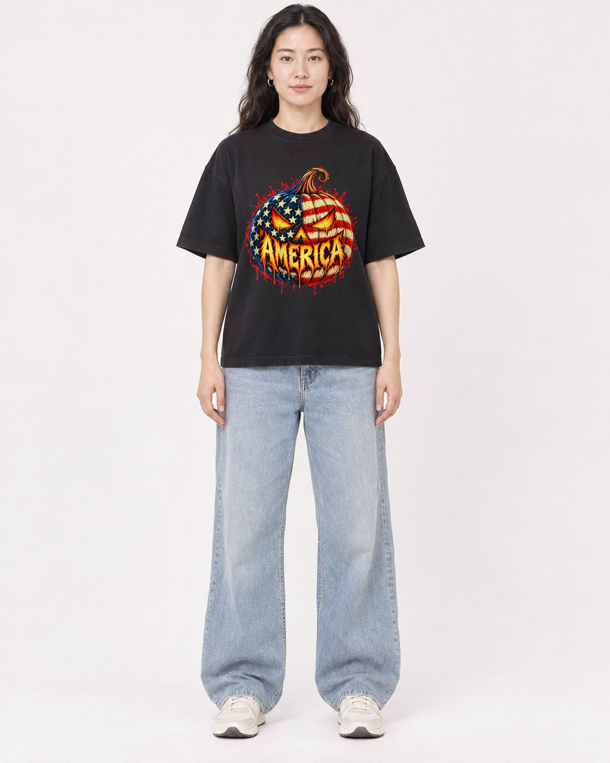 Mockup Boxy Heavyweight Tee Black female full-body 03