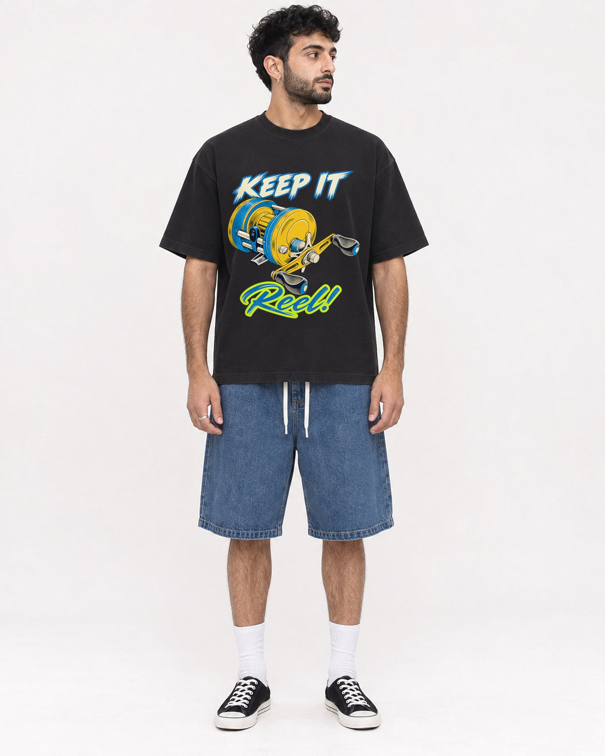 Mockup Boxy Heavyweight Tee Black male full-body 07