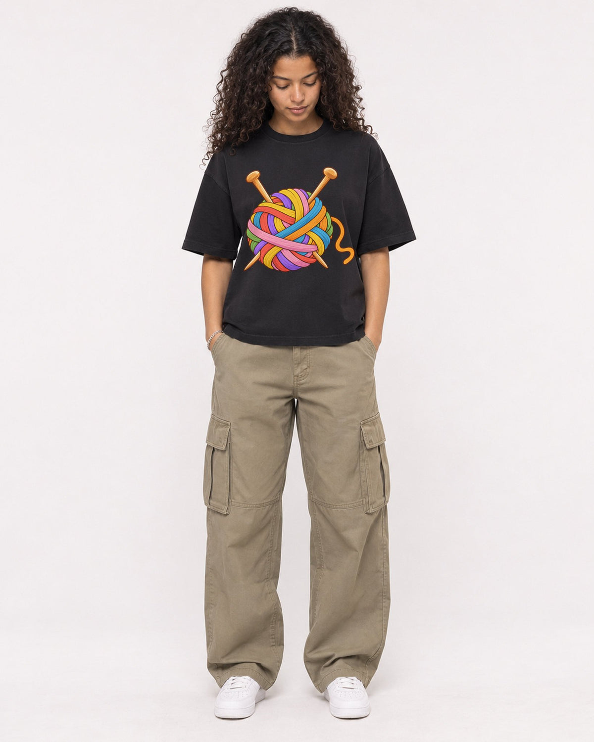 Mockup Boxy Heavyweight Tee Black female full-body 10