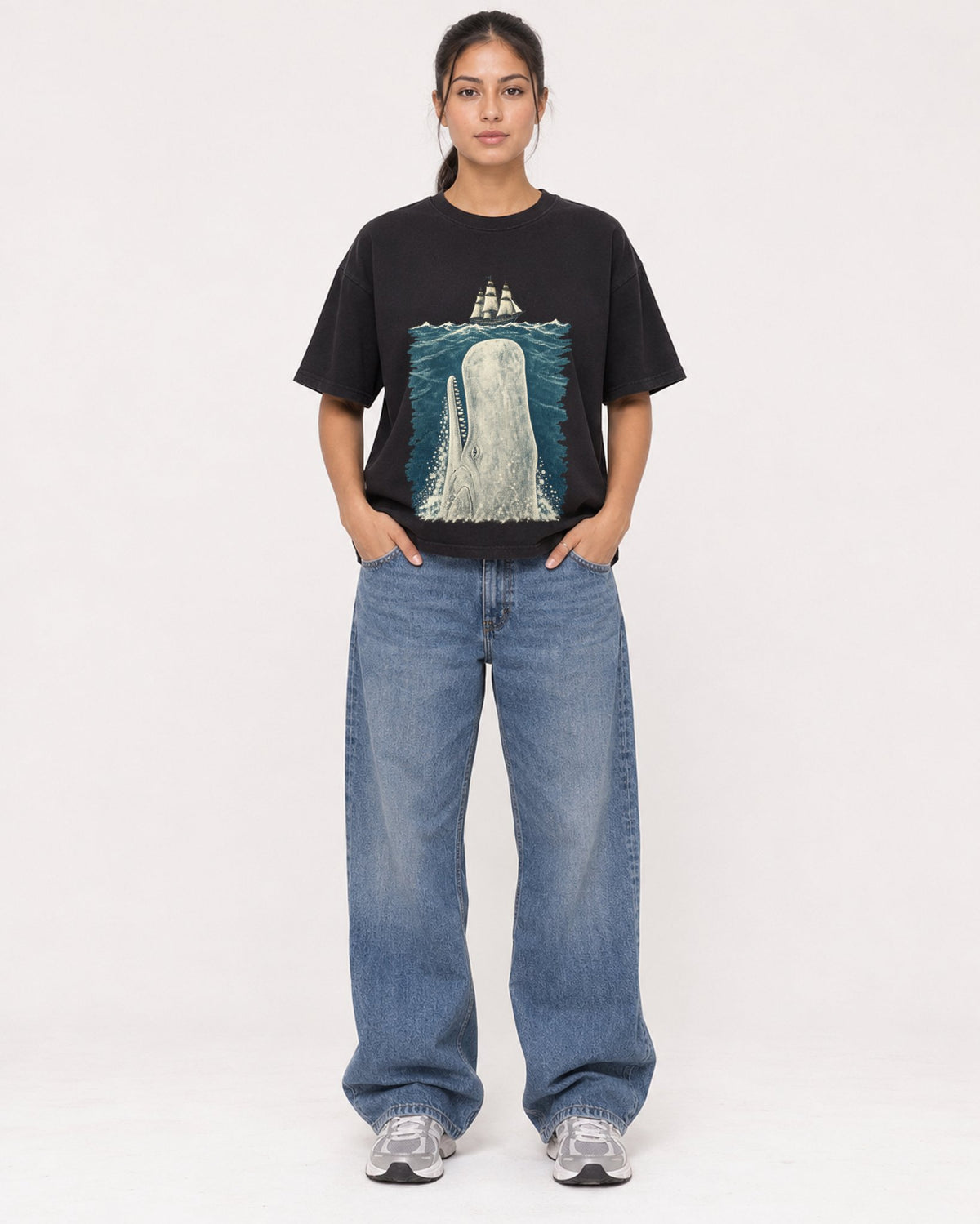 Mockup Boxy Heavyweight Tee Black female full-body 16