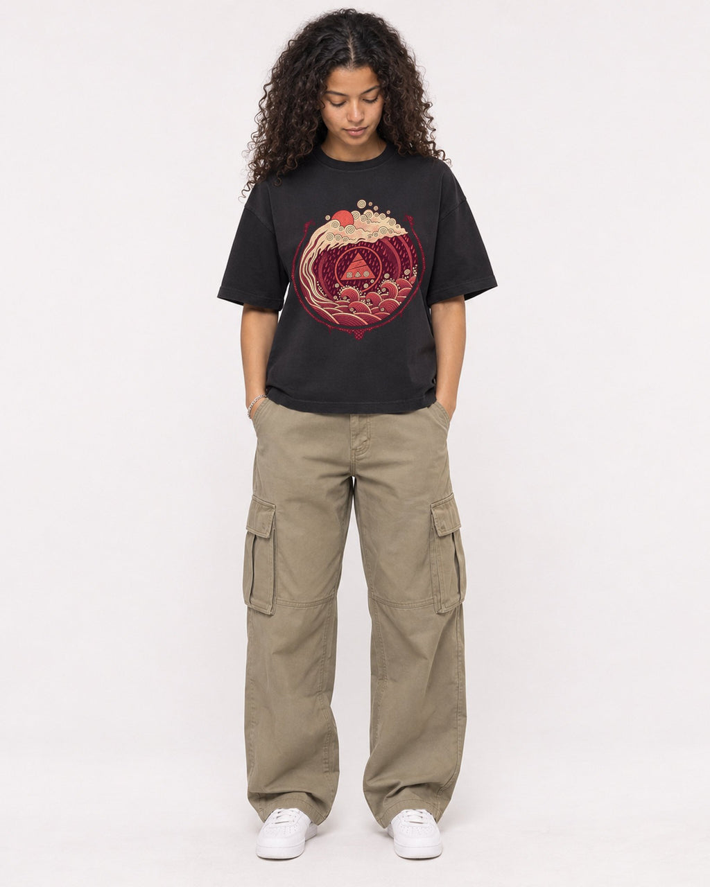 Mockup Boxy Heavyweight Tee Black female full-body 10