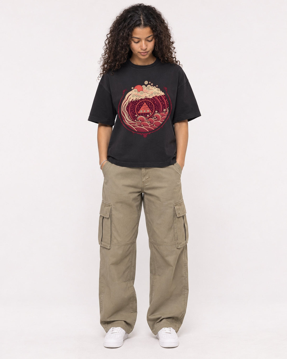 Mockup Boxy Heavyweight Tee Black female full-body 10