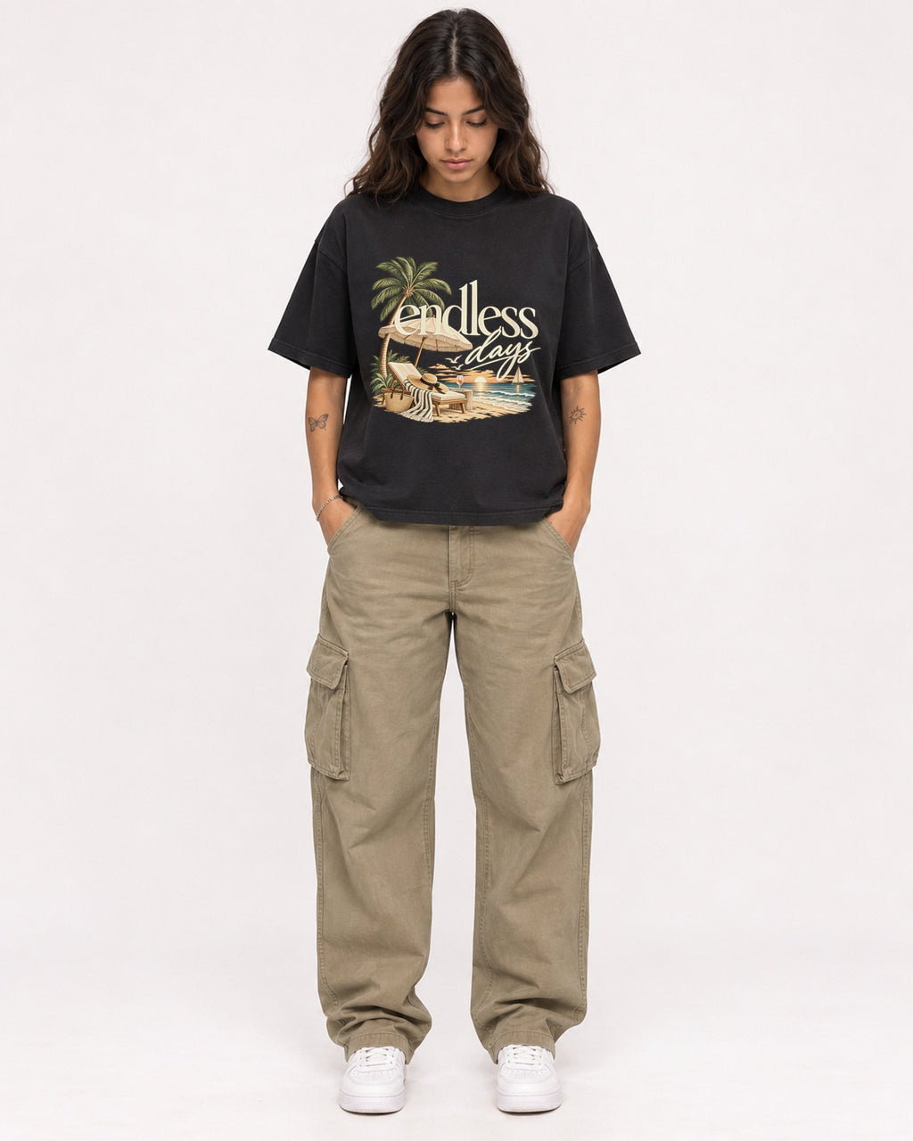 Mockup Boxy Heavyweight Tee Black female full-body 06