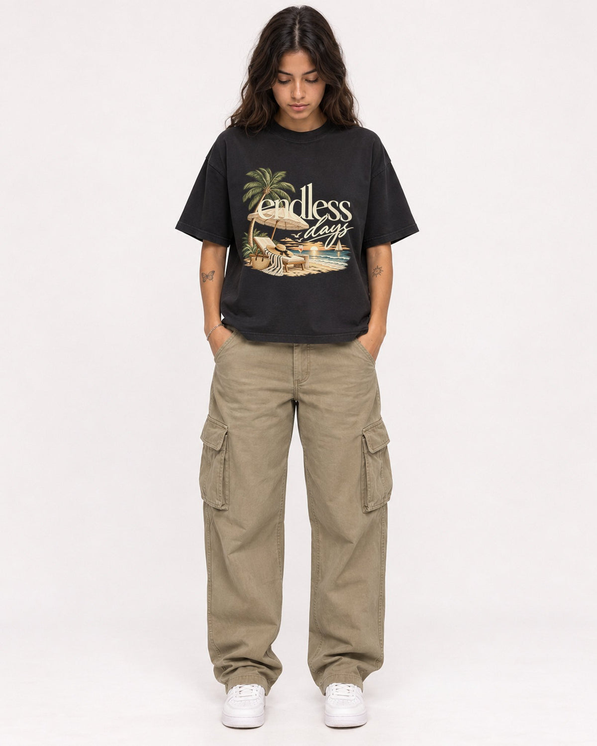 Mockup Boxy Heavyweight Tee Black female full-body 06