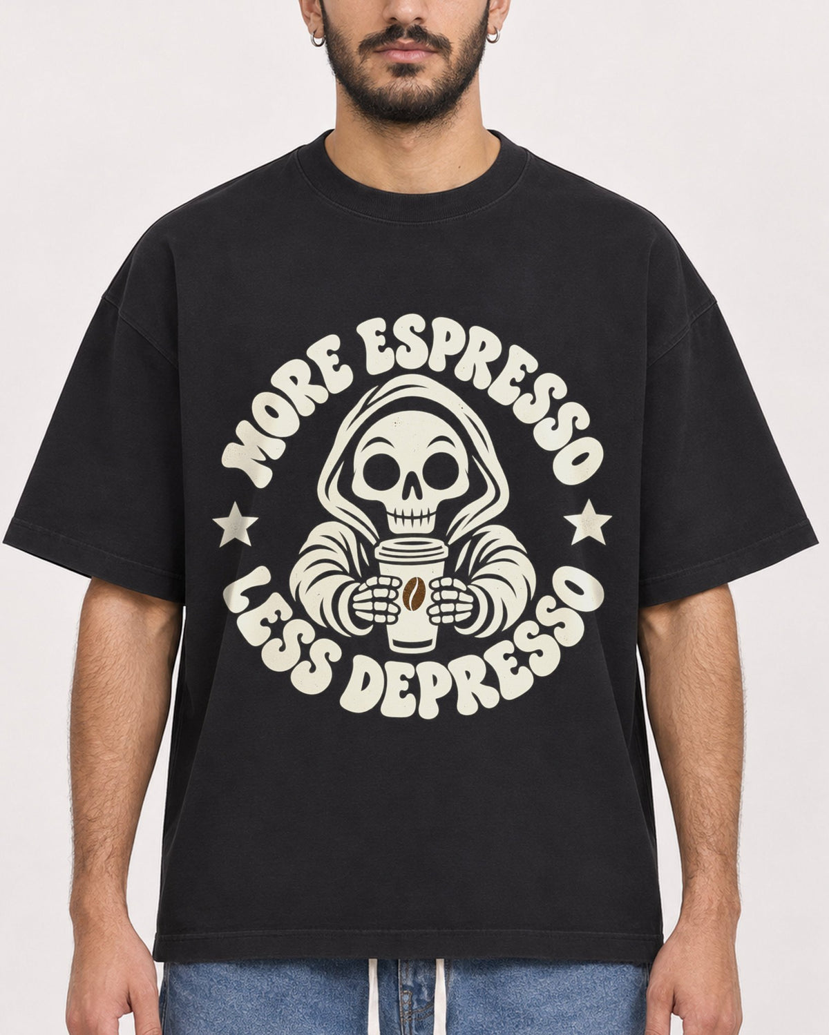 Mockup Boxy Heavyweight Tee Black male close-up 07