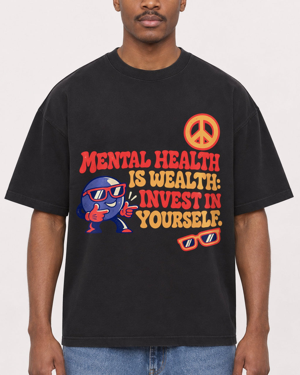 Mockup Boxy Heavyweight Tee Black male close-up 14