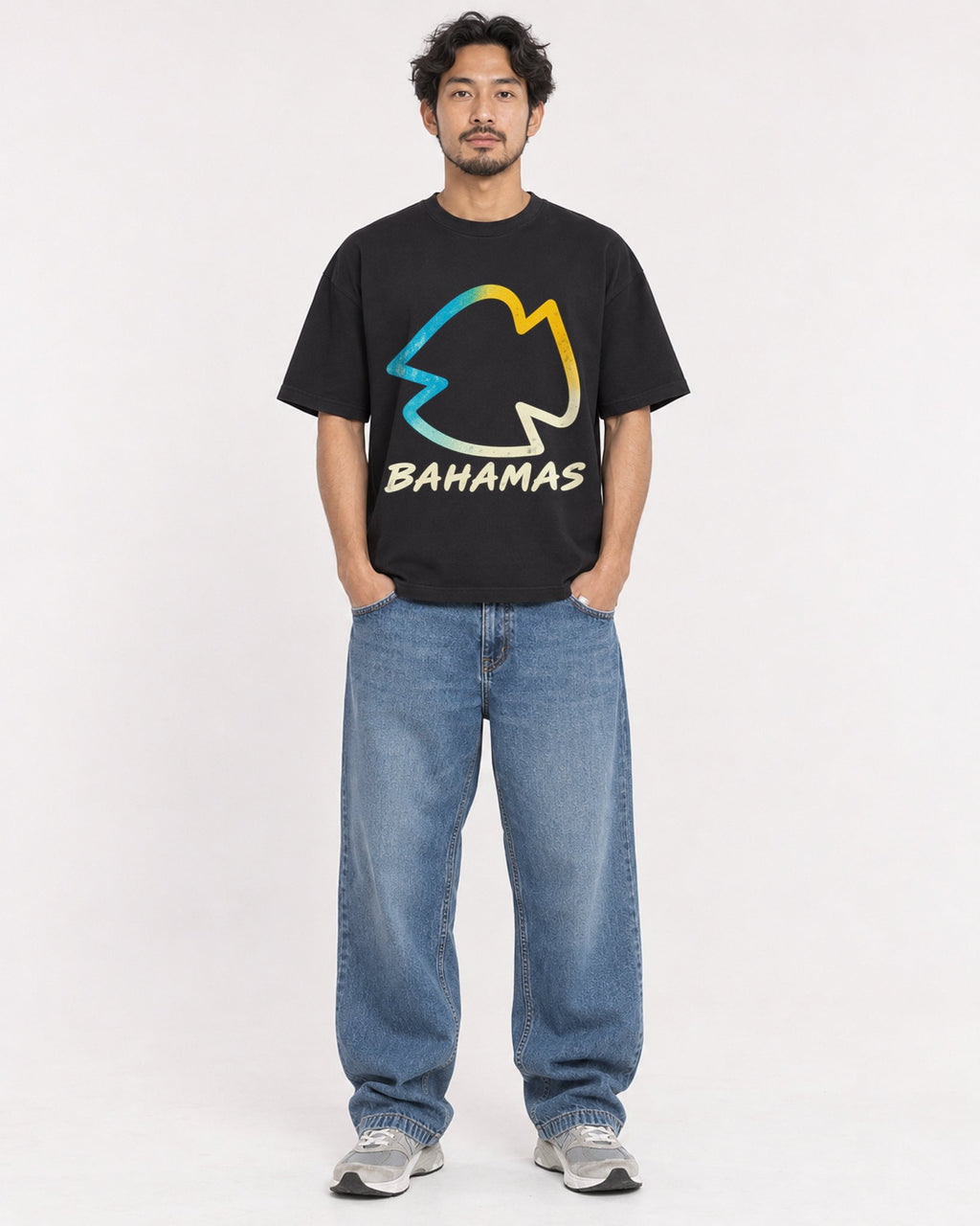Mockup Boxy Heavyweight Tee Black male full-body 02