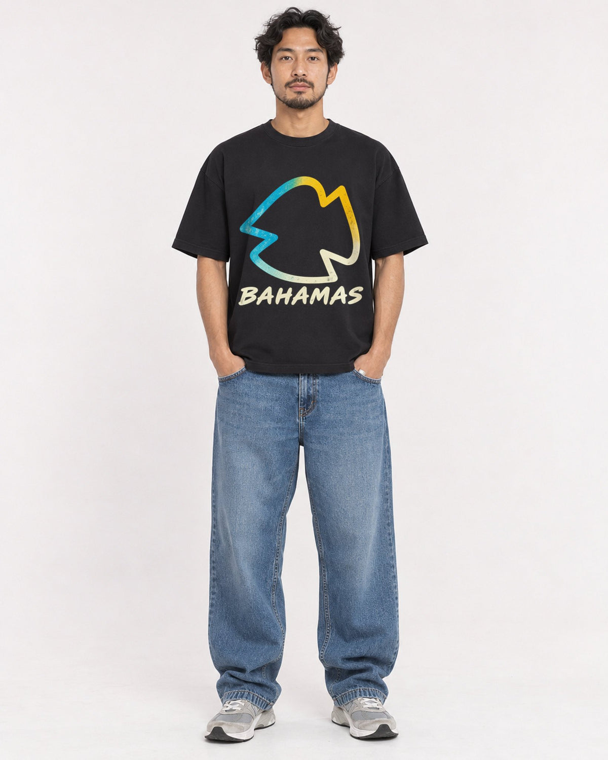 Mockup Boxy Heavyweight Tee Black male full-body 02