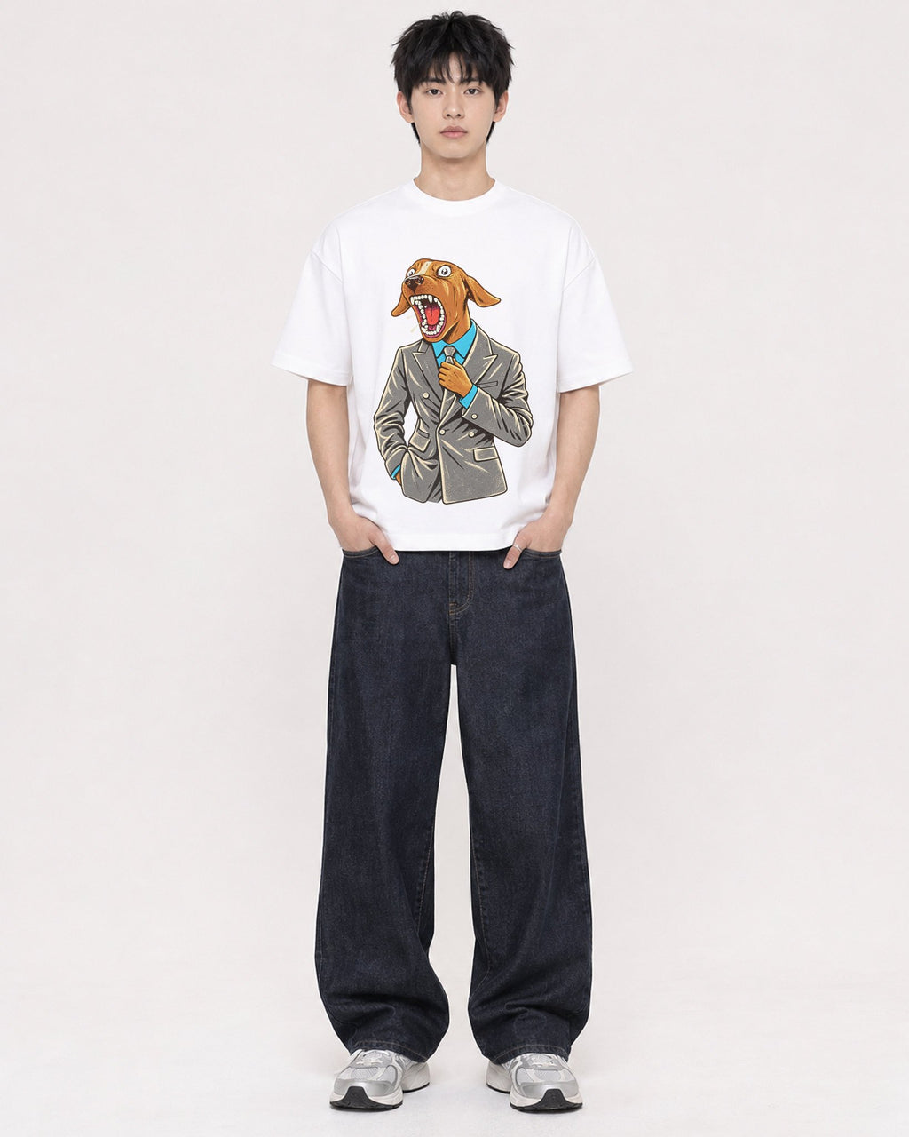 Mockup Boxy Heavyweight Tee White male full-body 01