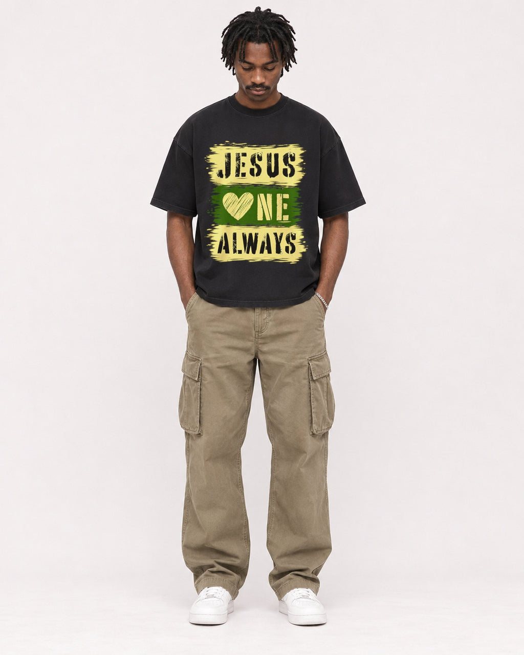 Mockup Boxy Heavyweight Tee Black male full-body 04