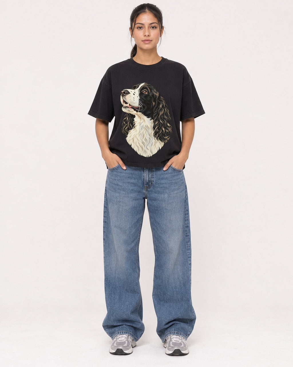 Mockup Boxy Heavyweight Tee Black female full-body 16