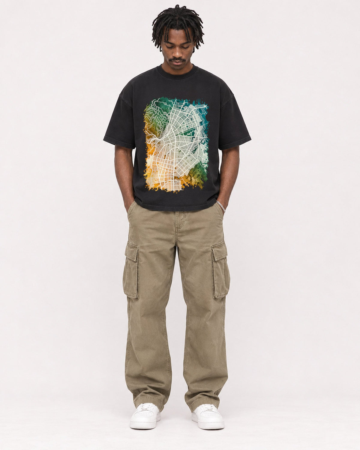 Mockup Boxy Heavyweight Tee Black male full-body 04