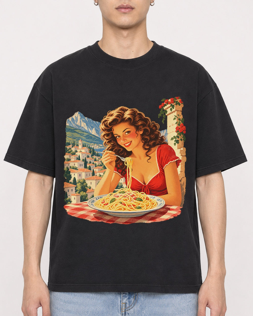 Mockup Boxy Heavyweight Tee Black male close-up 21