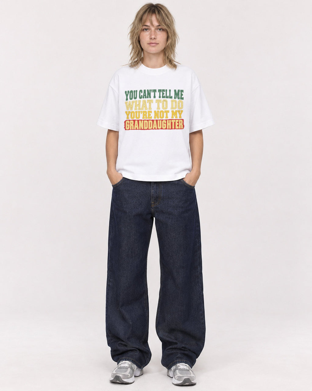 Mockup Boxy Heavyweight Tee White female full-body 19