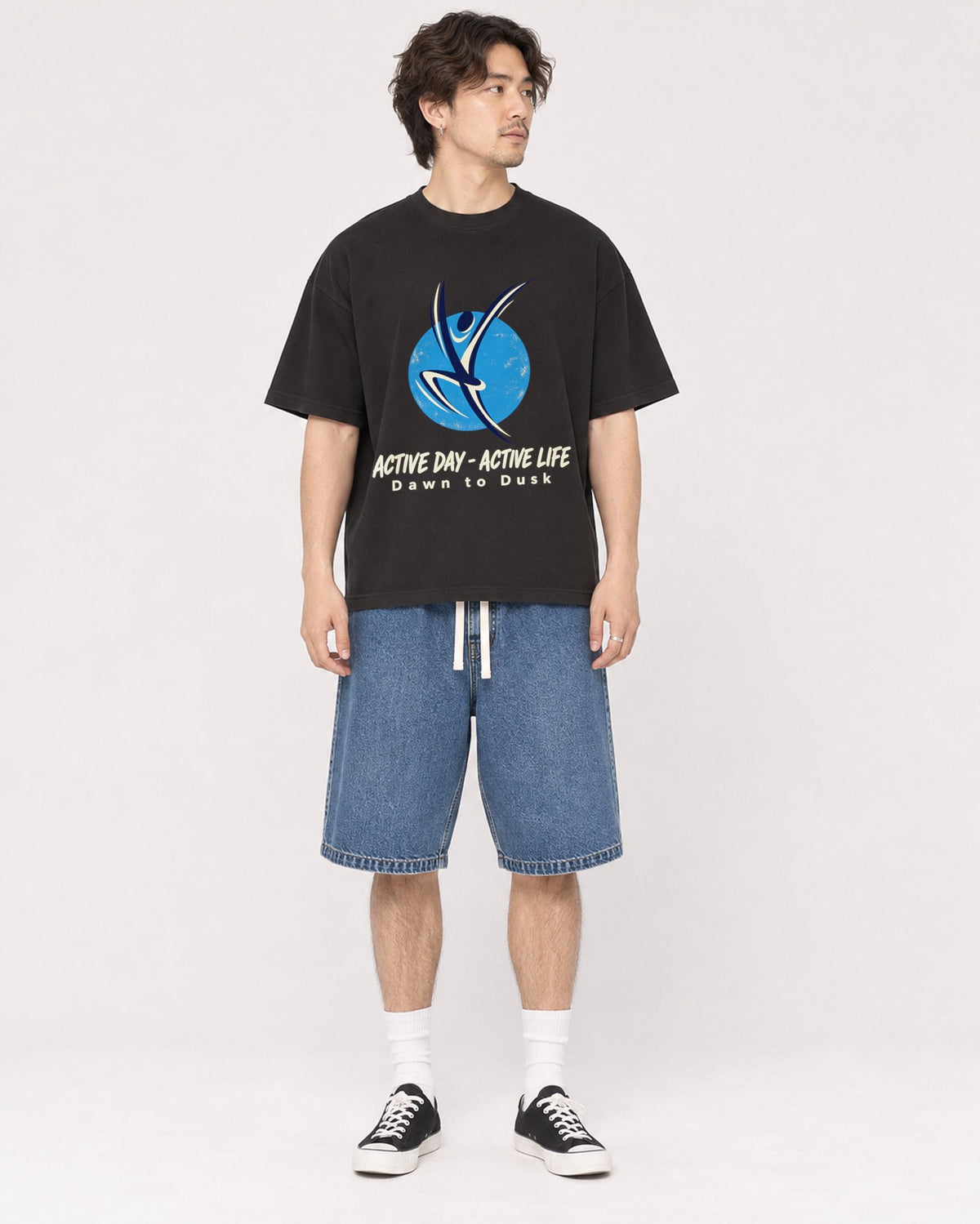 Mockup Boxy Heavyweight Tee Black male full-body 03