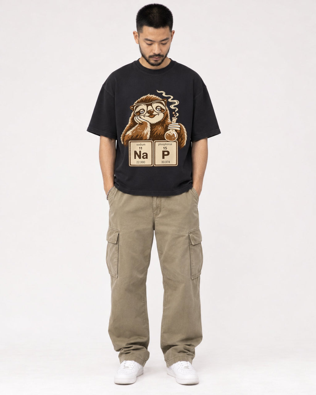 Mockup Boxy Heavyweight Tee Black male full-body 32