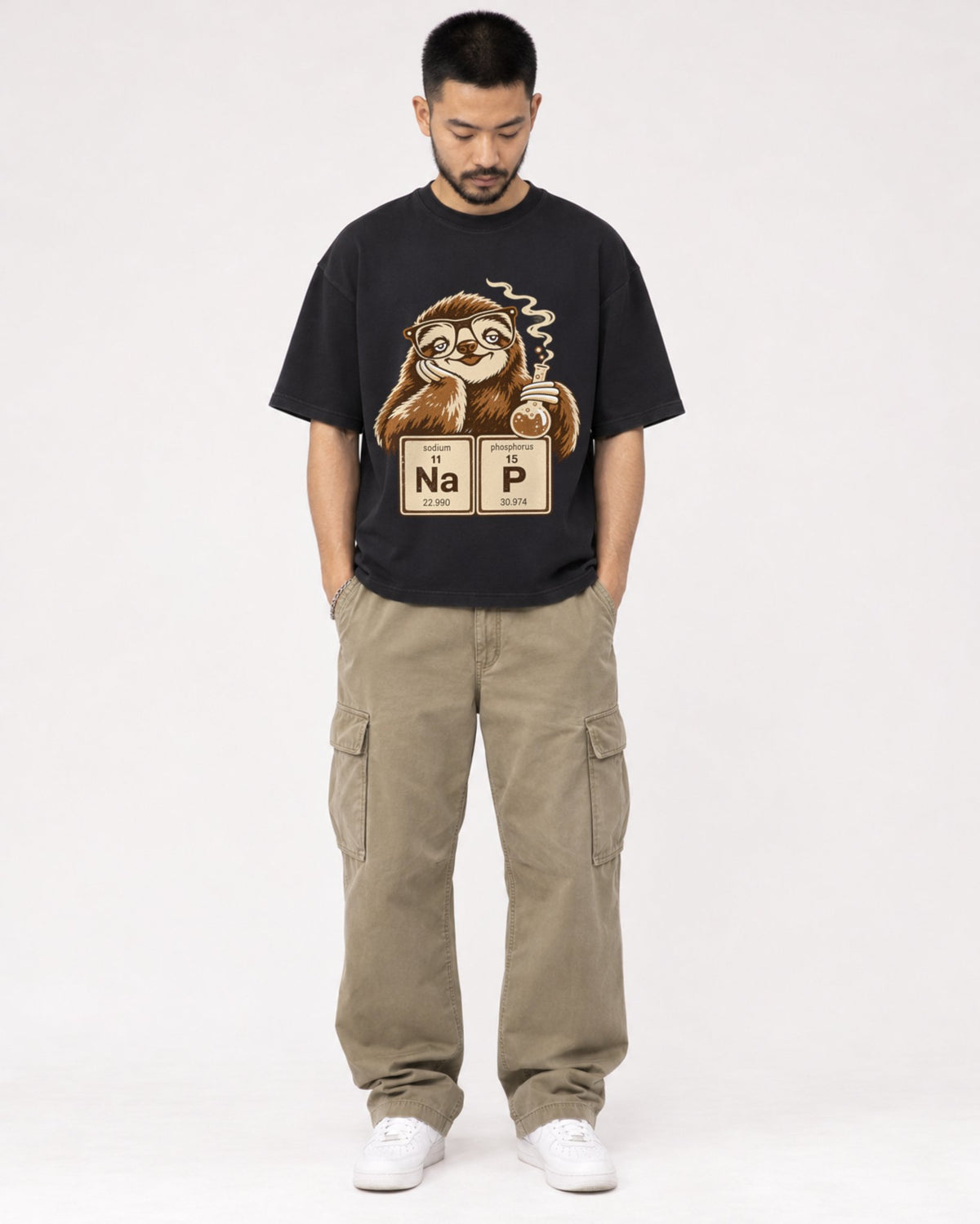 Mockup Boxy Heavyweight Tee Black male full-body 32