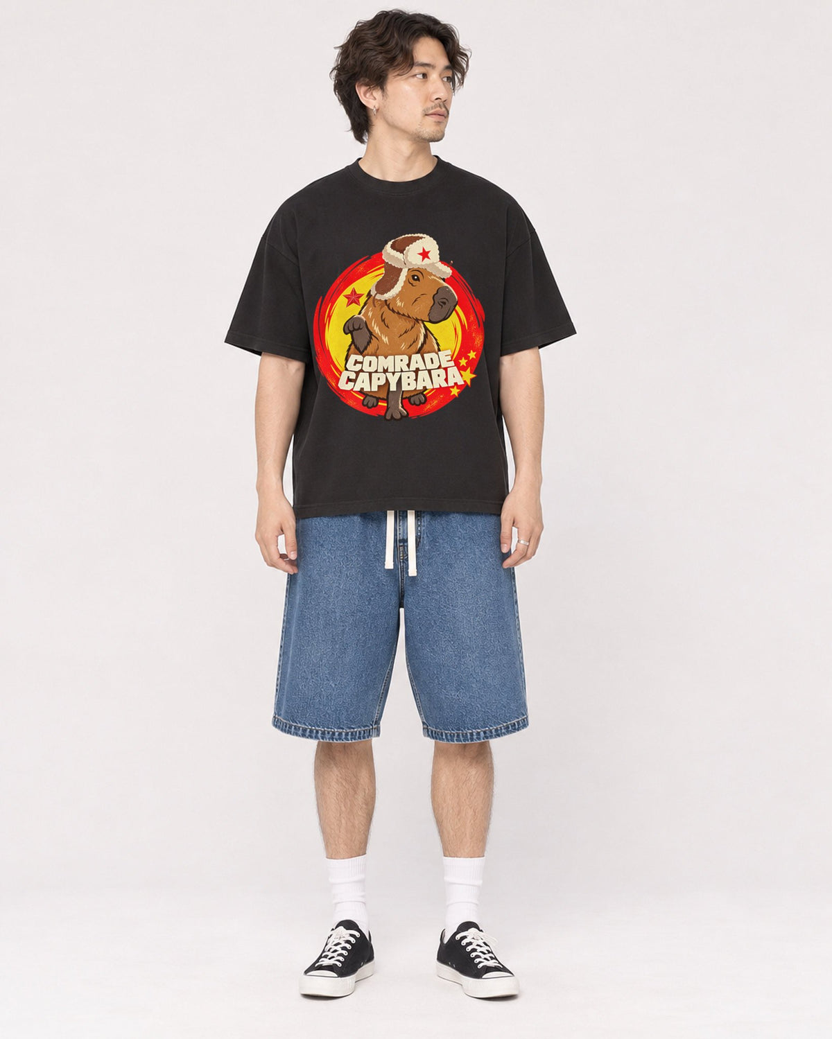 Mockup Boxy Heavyweight Tee Black male full-body 03