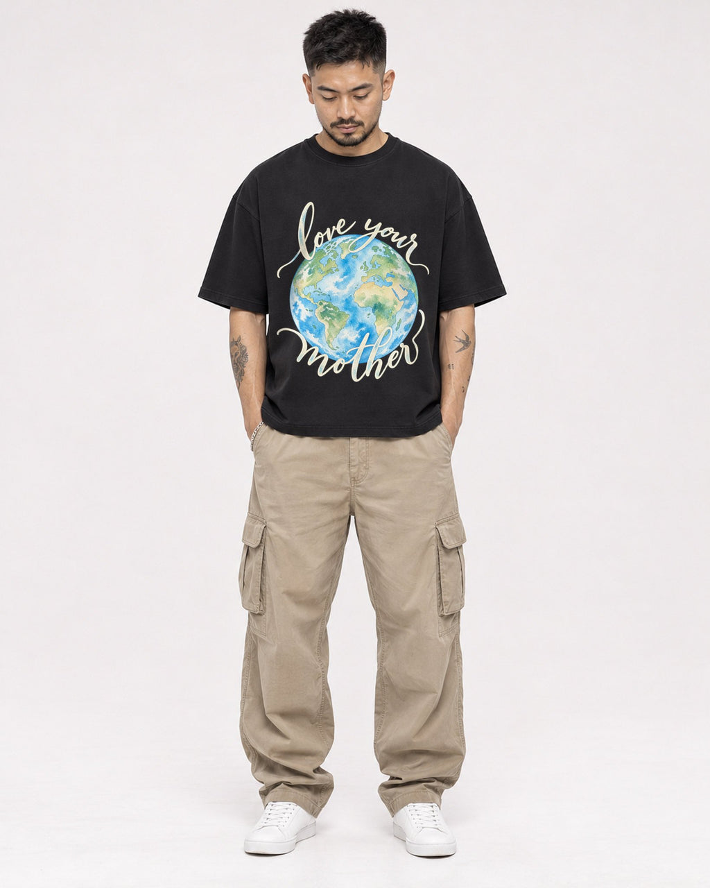 Mockup Boxy Heavyweight Tee Black male full-body 12