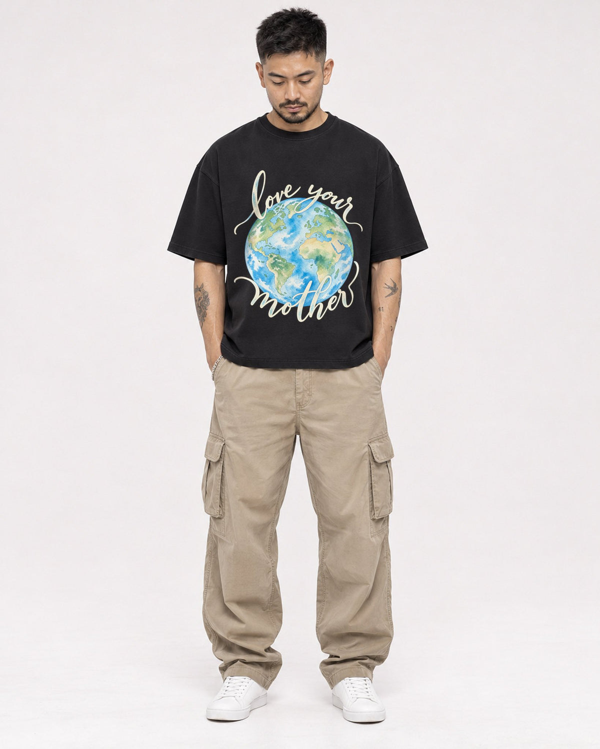 Mockup Boxy Heavyweight Tee Black male full-body 12