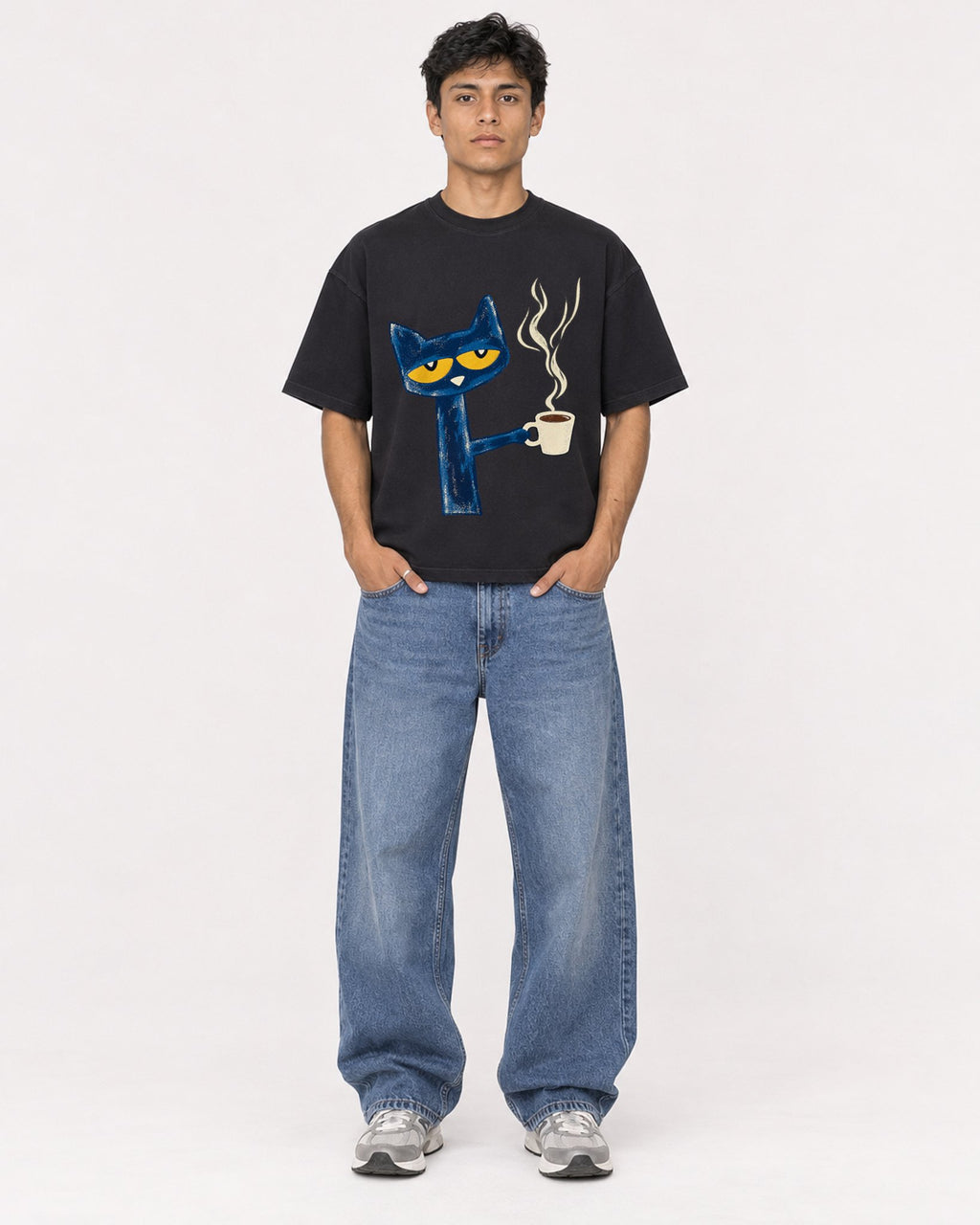 Mockup Boxy Heavyweight Tee Black male full-body 46
