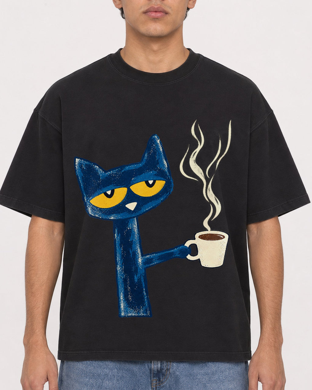 Mockup Boxy Heavyweight Tee Black male close-up 46