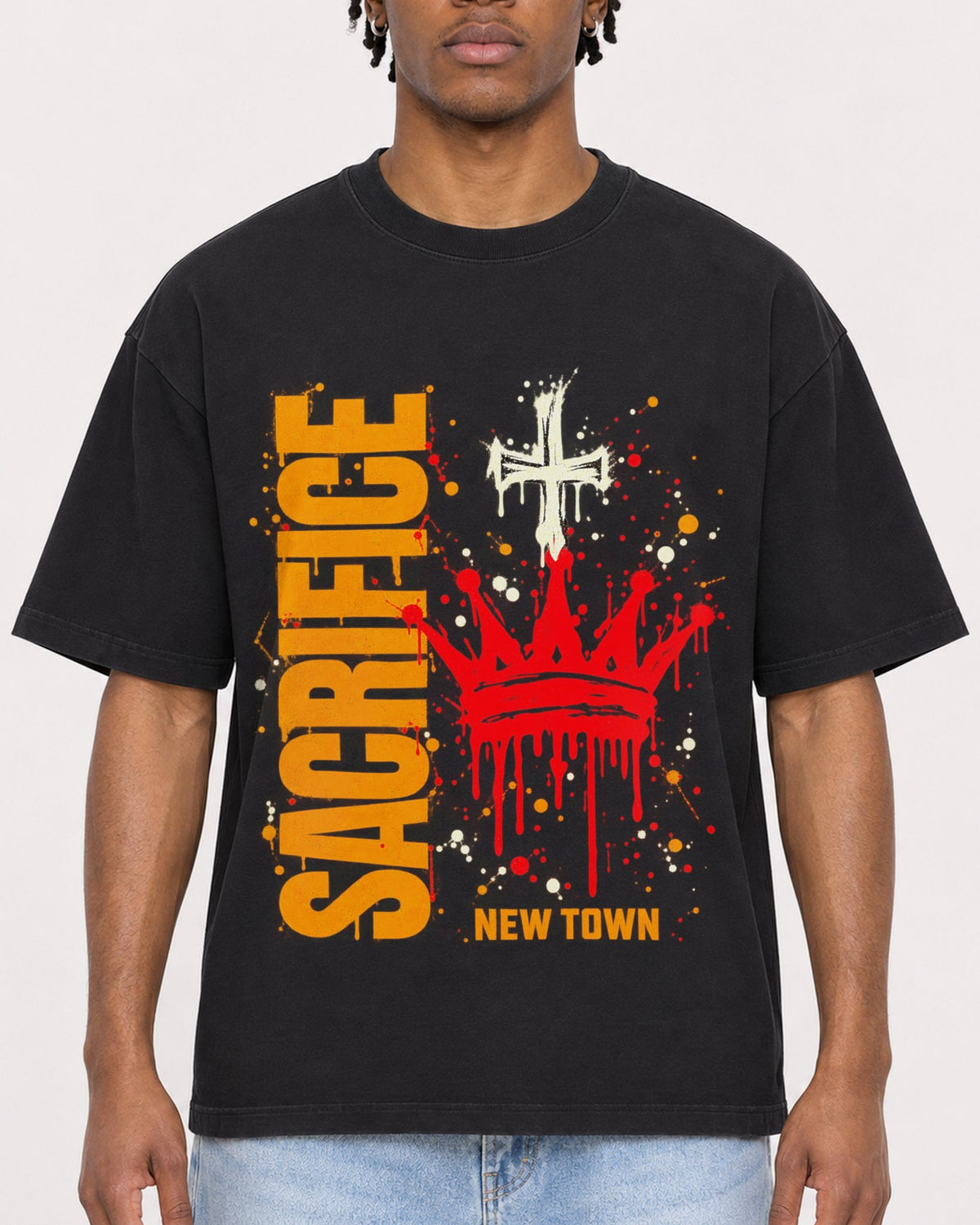 Mockup Boxy Heavyweight Tee Black male close-up 05