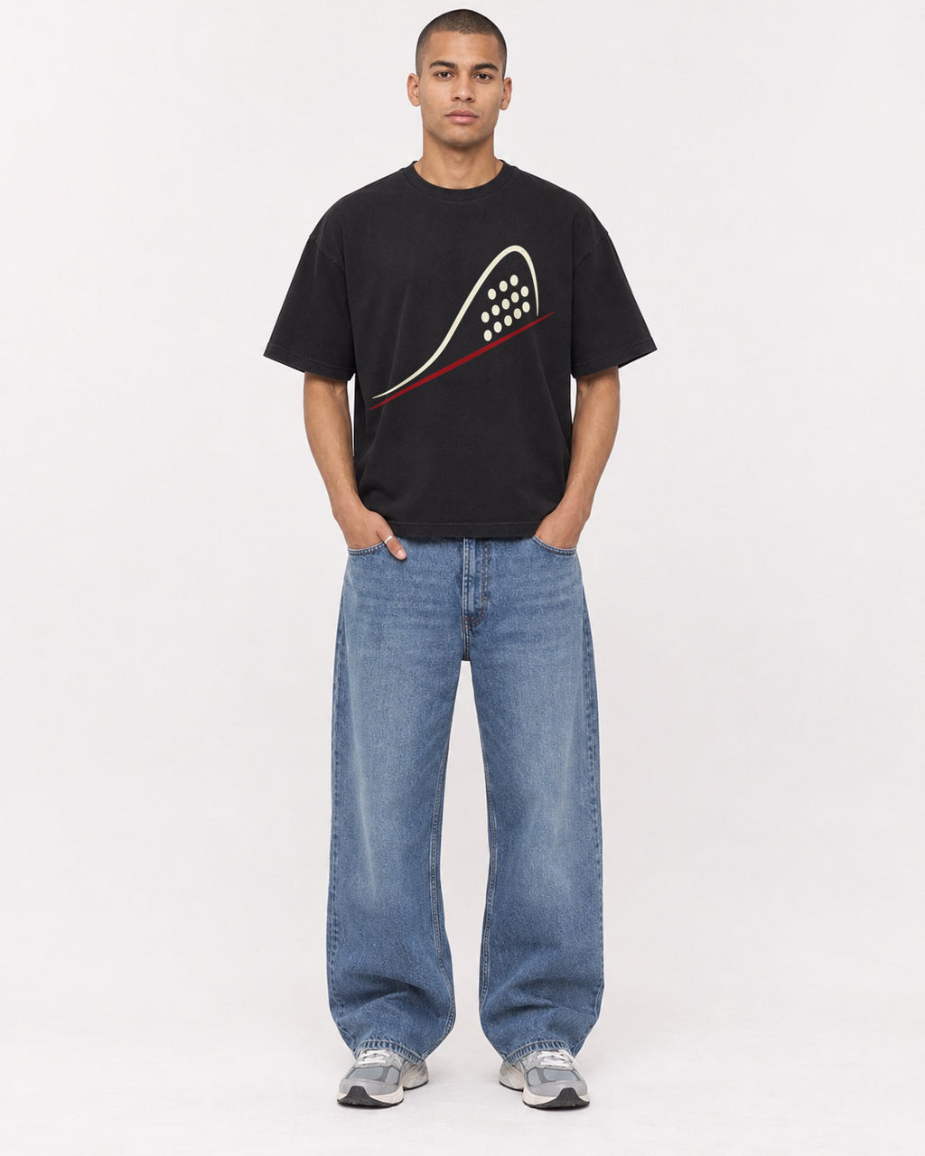 Mockup Boxy Heavyweight Tee Black male full-body 50