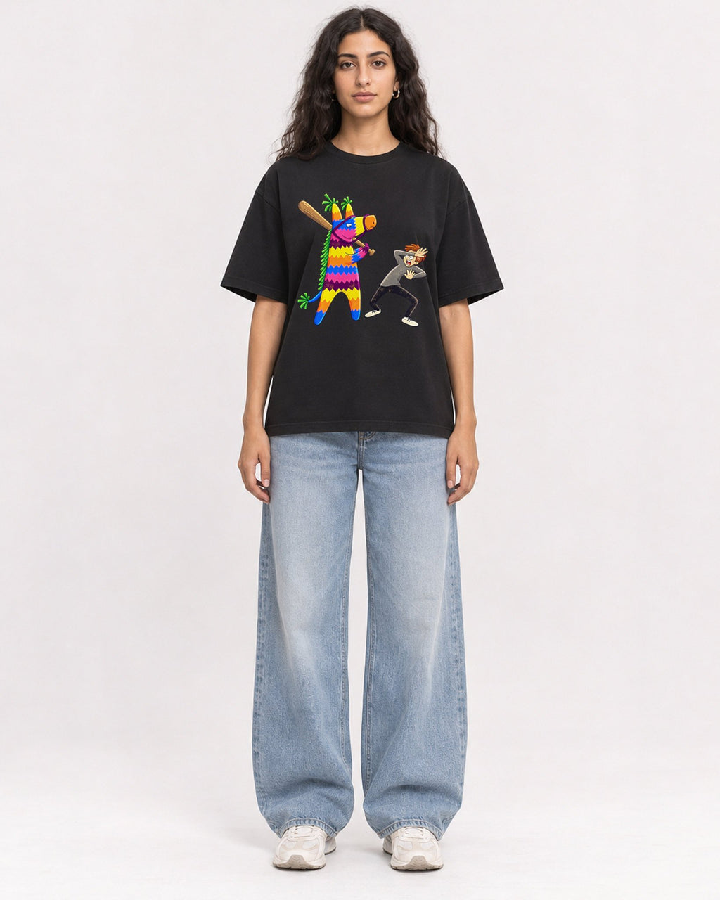 Mockup Boxy Heavyweight Tee Black female full-body 07