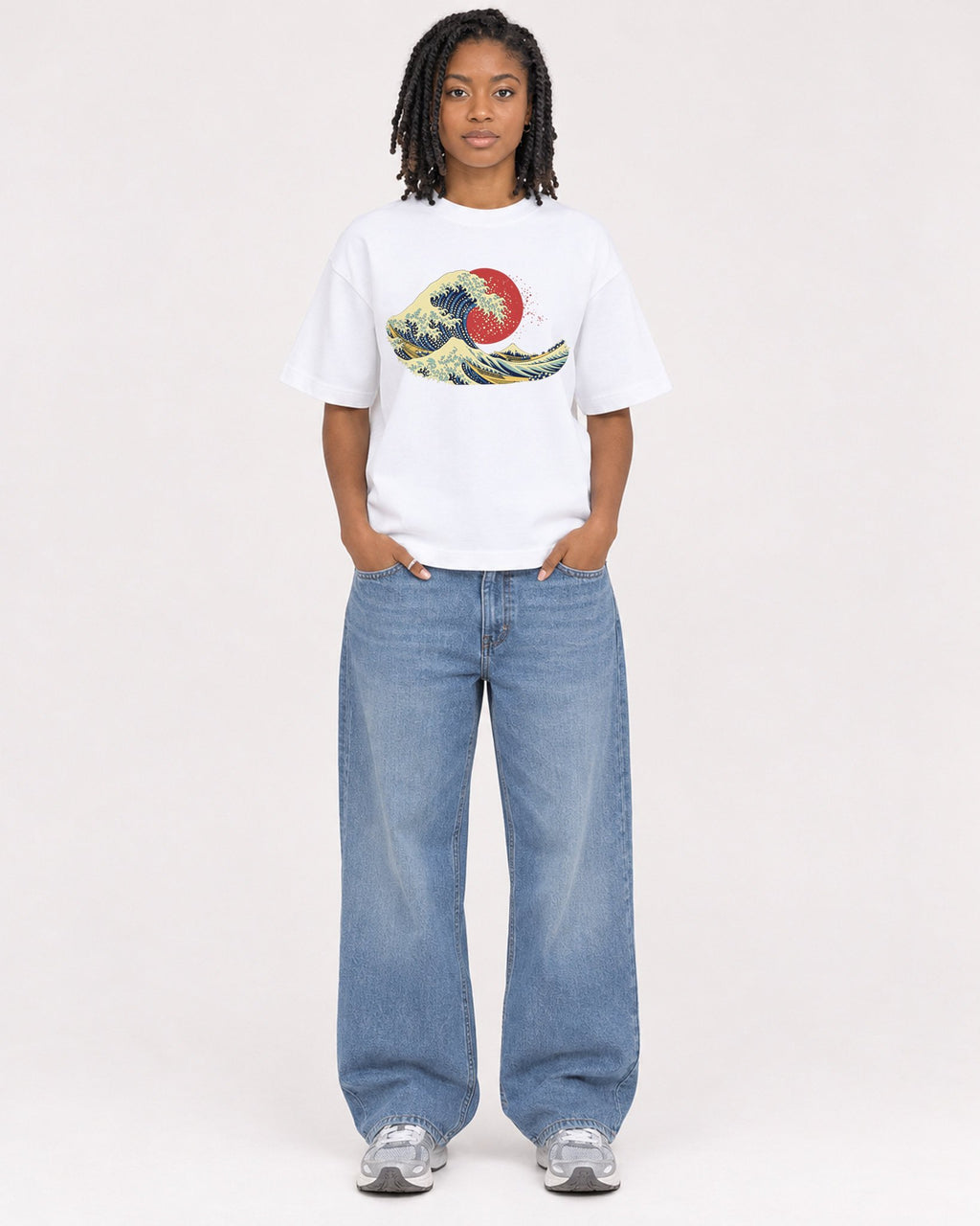 Mockup Boxy Heavyweight Tee White female full-body 15