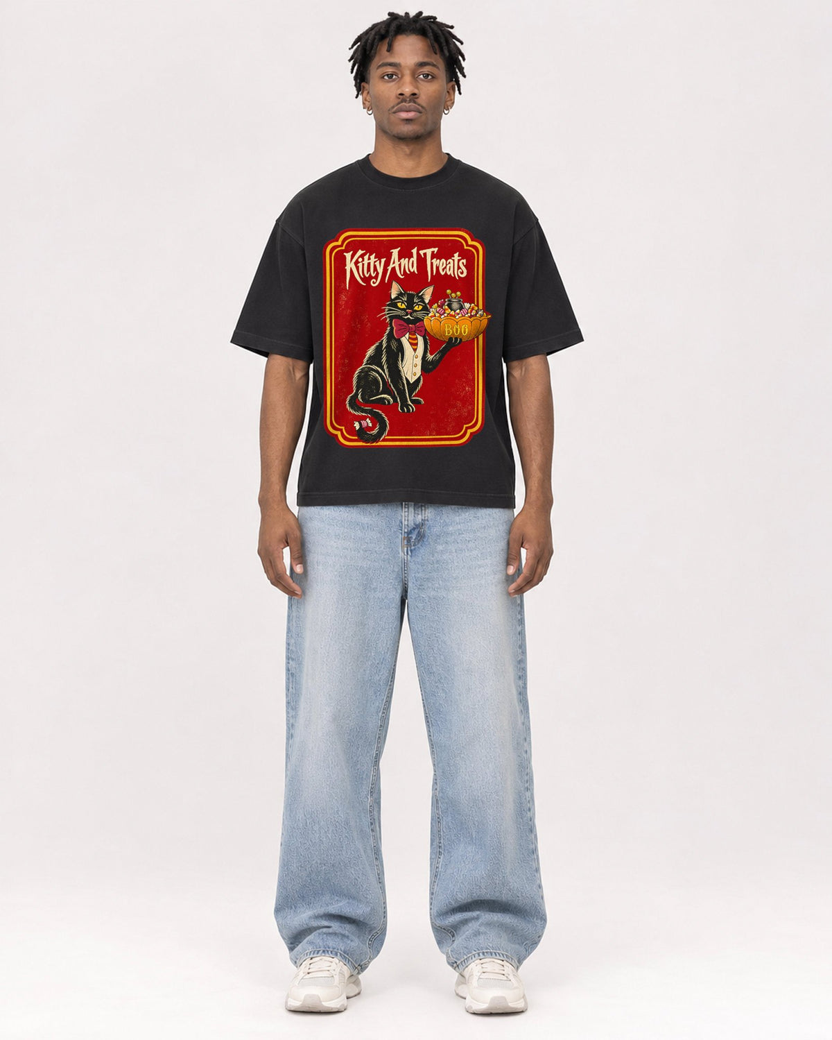 Mockup Boxy Heavyweight Tee Black male full-body 05