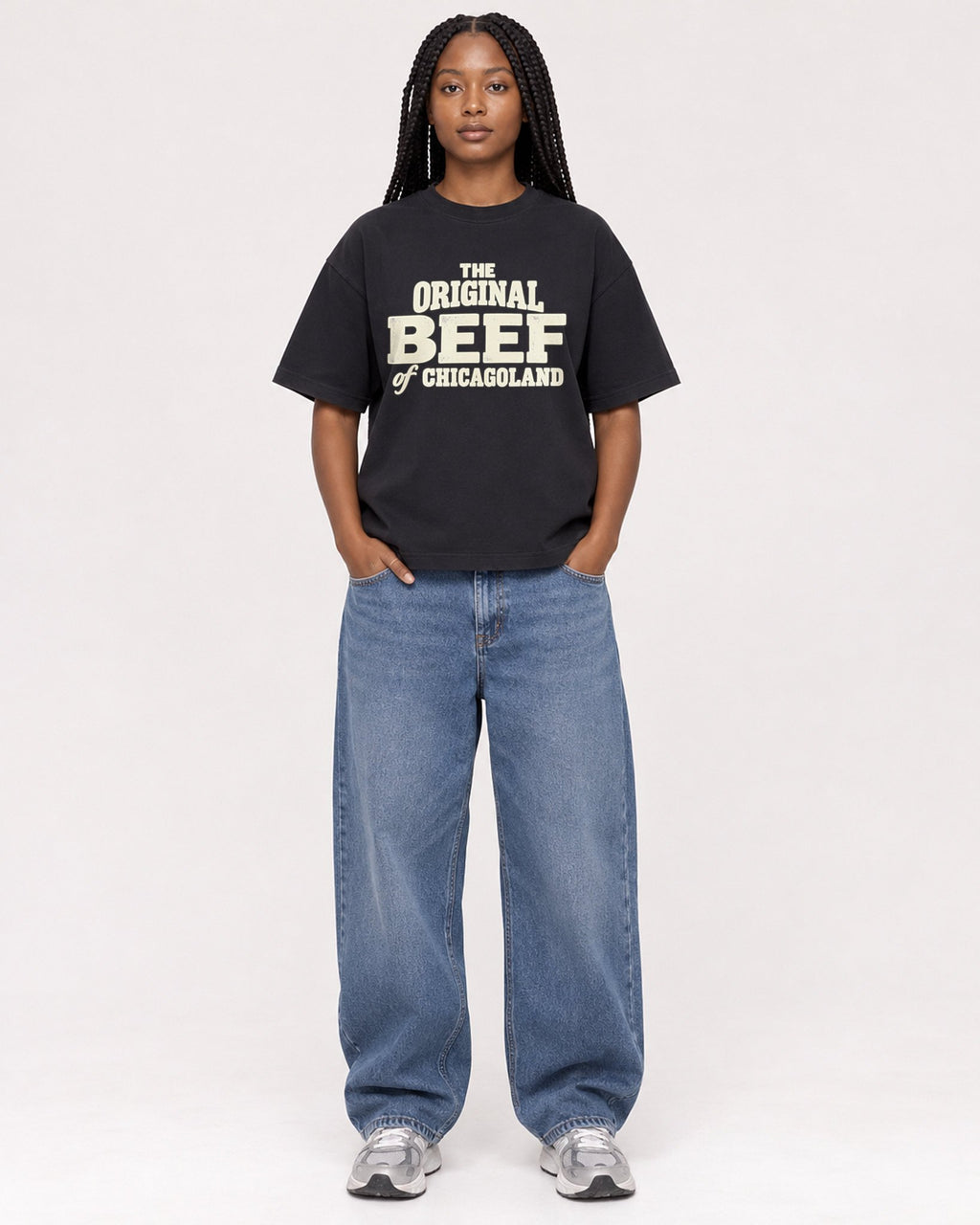 Mockup Boxy Heavyweight Tee Black female full-body 04