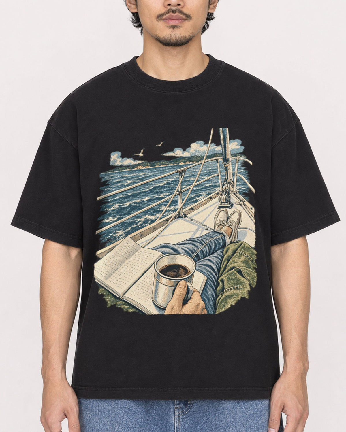Mockup Boxy Heavyweight Tee Black male close-up 02