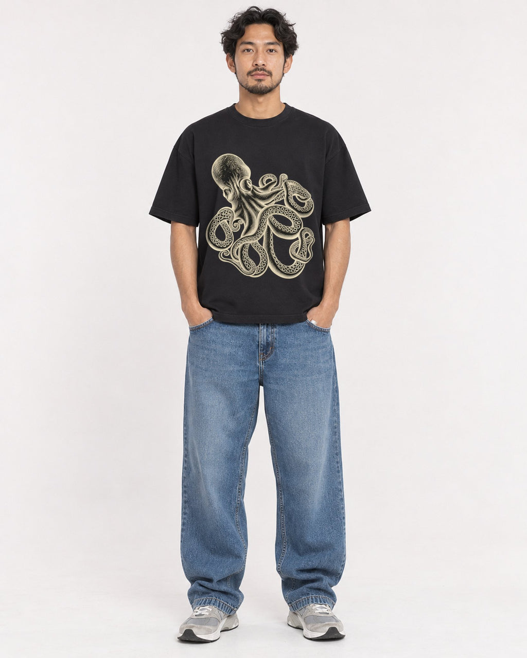 Mockup Boxy Heavyweight Tee Black male full-body 02