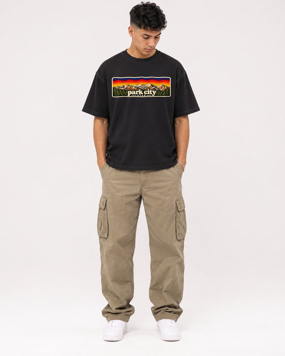 Mockup Boxy Heavyweight Tee Black male full-body 16