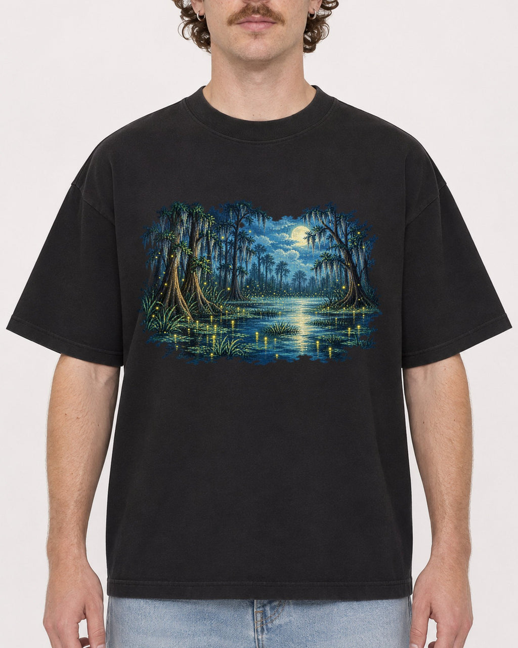 Mockup Boxy Heavyweight Tee Black male close-up 09